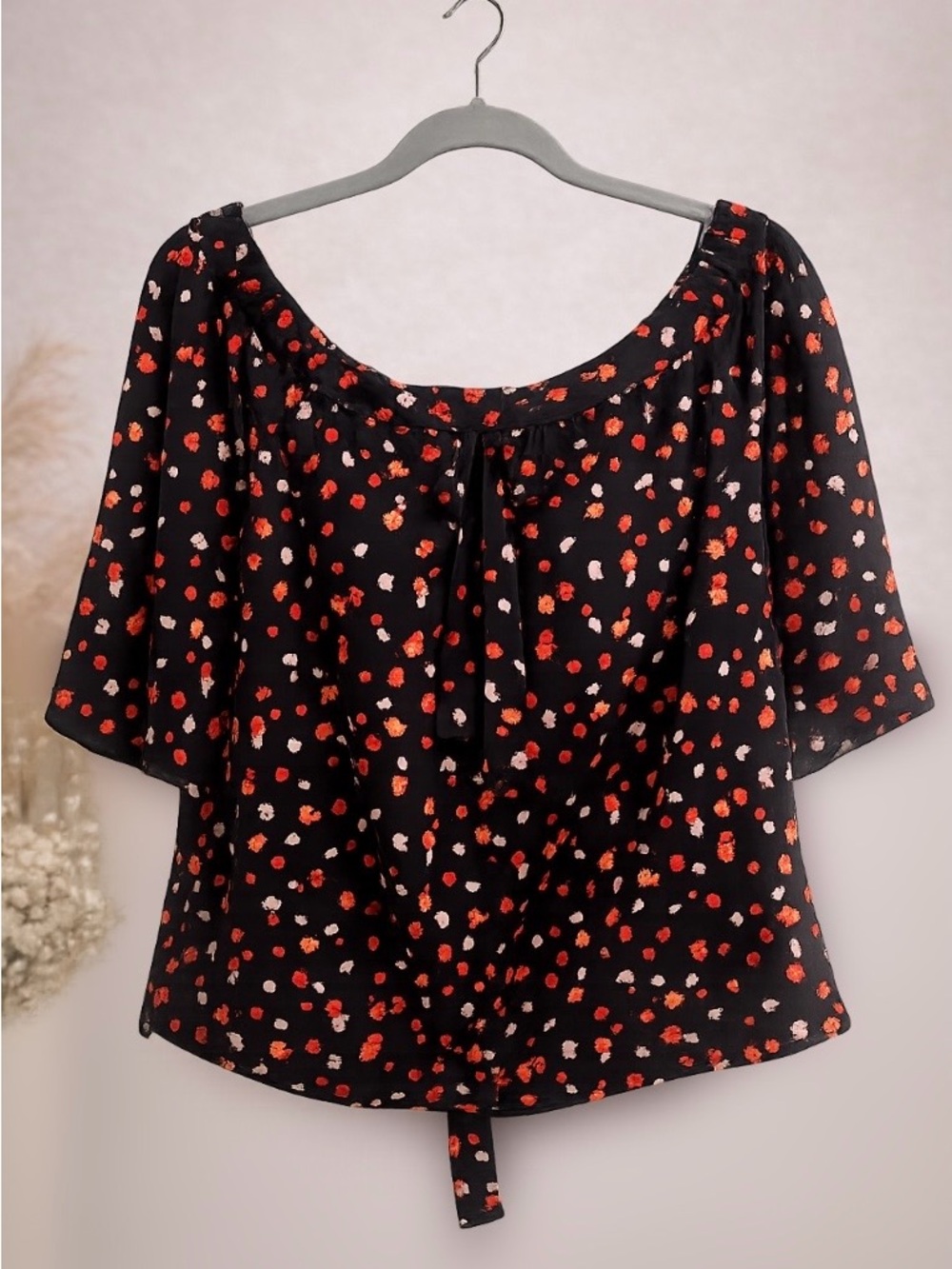 7 For All Mankind Black Off-Shoulder Floral Tie-Neck Top - Picture 3 of 4